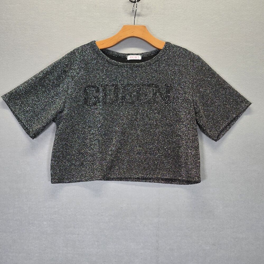 Agaci black and silver metallic sparkle short-sleeve crop top Small